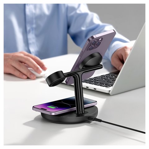 Беспроводное зарядное устройство Baseus Swan 3-in-1 Wireless Magnetic Bracket, черное, USB тип-C, пластик, 15 Вт, с подставкой, c кабелем, магнитное, #WXTE000101 Превью 1
