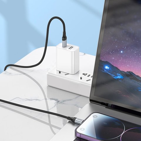 USB кабель Hoco X102, USB тип-C, Lightning, 100 см, 27 Вт, черный, в нейлоновой оплетке, #6942007608749 Превью 5