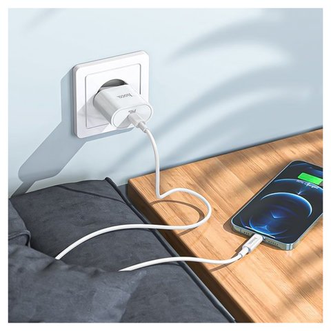 Adaptador de red Hoco C94A, 20 W, Power Delivery (PD), Fast Charge, blanco, con cable USB tipo C - Lightning para Apple, 1 puerto, #6931474762184 Vista previa  1