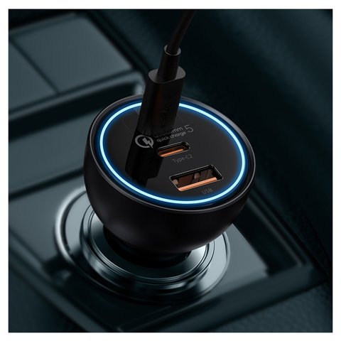 Автомобильное зарядное устройство Baseus Qualcomm Quick Charge 5 Technology, черное, Quick Charge, c кабелем USB тип-C к USB тип-C, 160 Вт, 3 порта, 12-24 B, #TZCCZM-0G Превью 1