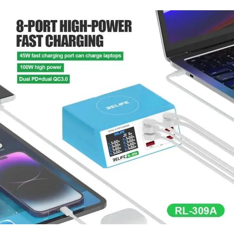 Мережевий зарядний пристрій RELIFE RL-309A, 100 Вт, Power Delivery (PD), з дисплеєм, 8 портів Прев'ю 1